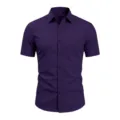 Purple short sleeve dress shirt detail view, classic collar and single pocket design. - Purple