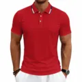 Men's red short sleeve polo shirt detail view, classic collar design, casual apparel. - Bright Red