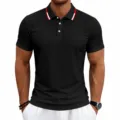 Men's short sleeve polo shirt with contrast collar trim, breathable casual golf top detail. - S / Black