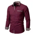 Men's long sleeve business casual plaid patchwork dress shirt with chest pocket maroon - S / Tops / Burgundy