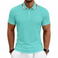 Mens turquoise short sleeve polo shirt casual business golf quick dry top summer apparel - Lake Blue