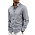 Men's casual long sleeve slim fit button down dress shirt in grey, classic business office top. - Medium Grey