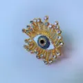 Exaggerated evil eye rhinestone ring, vintage gold plated open finger ring for women. - Brooch / Gold