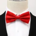 Gros plan d'un nœud papillon rouge vif assorti à une chemise blanche et un costume noir. - Noeud Papillon Rouge Vif Double Couche Classique