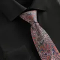 Gros plan detaille d une cravate pour homme a motif paisley vintage avec une chemise noire. - Cravate à Glissière Paisley Orange