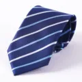 Primo piano dettagliato di una cravatta blu a righe con texture di tessuto raffinata. - Stile 011