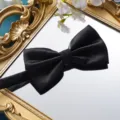 Detailaufnahme einer eleganten schwarzen strukturierten Fliege auf Goldspiegel. - Schwarze Netzversion
