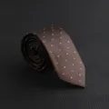 Close-up detail of a dark brown men's silk tie featuring elegant miniature paisley patterns. - Hand-Tied / Brown Small Paisley Pattern