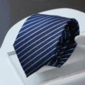 Detailed view of a blue striped men's business necktie, perfect for formal suits and weddings. - Zipper Style / Starry Stripes