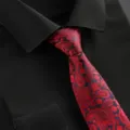 Detailed shot of men's elegant red and blue paisley tie paired with a black dress shirt. - Burgundy Paisley Zipper Tie