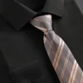 Men's classic champagne and brown striped tie close-up detail, elegant business necktie. - Khaki Double Striped Zipper Tie