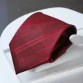 Wine red grid necktie detail shot, premium formal business tie for men wedding suit. - Zipper Style / Burgundy Double Striped