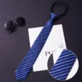 Detail view of men's blue striped zipper tie with fine fabric texture and stylish look. - 028