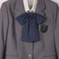 Détail de blazer gris d'uniforme JK avec nœud papillon à pois bleu marine et blason scolaire. - Noeuds papillon à pois à tige longue - bleu marine