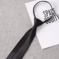 Men black zipper tie lazy no knot business formal necktie smooth satin fabric detail shot - Style 018