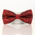 Red black paisley pattern men bow tie fabric detail close up shot for wedding groom. - Retro Red Bowtie