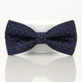 Detail shot of a classic men's blue geometric patterned bow tie on a display stand. - Elegant Navy Plaid Bowtie