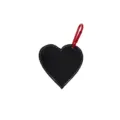 Black heart leather bag charm keychain with red carabiner clasp and white contrast stitching. - Black Heart