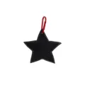 Detail view of a black leather star bag charm with white stitching and a red metal carabiner clip. - Black Pentagram