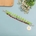 Green woven bag strap with beaded chain and daisy pendant replacement handle short. - Green And White Woven Style (B447-3)