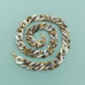 Resin acrylic bag chain strap detail, wide tortoiseshell link design with gold hardware hooks. - Two-Tone Beige