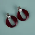 Large statement acrylic earrings with silver ribbed connector and dark red marble ring. - Exaggerated Geometric Hoop / Two-color Wine Red