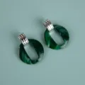 Oversize green marble acrylic earrings with silver metal top for women fashion jewelry styling - Exaggerated Geometric Hoop / Two-Tone Green