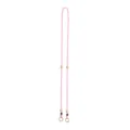 Pink wooden bead phone lanyard strap detail view, portable hanging cord with metal rings. - Pink