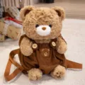 Cute brown teddy bear plush backpack with corduroy overalls, soft stuffed animal bag for kids. - 25cm / Bear Backpack
