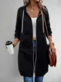 Women long zip hoodie casual outerwear jacket with drawstring hood and pockets for daily wear. - 3XL / Tops / Black