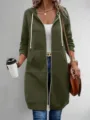 Casual long hooded zip-up sweatshirt jacket detail view showing cozy fabric and front pockets. - Army Green