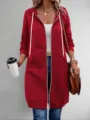 Detailed view of women's long hooded zip sweatshirt, casual daily wear with drawstring. - 3XL / Tops / Red