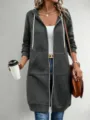 Detailed view of women's long grey zip-up hoodie with hood, drawstrings, and casual pockets. - Dark Gray