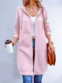 Detailed view of women's casual long pink zip-up hooded sweatshirt with pockets and drawstrings. - Pink