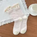 Damen Sommer Mesh Rüschen WadenSocken süß rosa Blumen Baumwolle atmungsaktiv Freizeitsocken - Einheitsgröße / Blumenbündchen