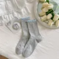 Damen Sommer dünne Schleife Mesh Slouch Socken süße graue Rüschen Mid Tube Socken für Mädchen - Einheitsgröße / Graublau
