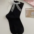 Damen schwarze Socken weiße Schleifen süßer Ballett Stil JK süße ästhetische Damensocken - Einheitsgröße / Schwarz
