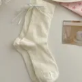 Weiße Spitzen Schleife Mittelsocken Süße Ballett Stil Sommer Dünne JK College Socken - Einheitsgröße / Creme