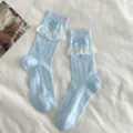 Süße JK Spitzen-Netz-Wadenstrümpfe für Damen, Sommer dünne atmungsaktive Schleife Socken - Einheitsgröße / Blau Verlauf