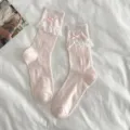 Pink sweet JK mesh socks featuring delicate lace ruffles and cute bows for summer daily wear. - One Size / Pink