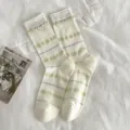 Damen grüne gestreifte Mittelsocken süße Blumenbündchen süßer Stil Freizeit Baumwolle Alltag - Einheitsgröße / Gestreift