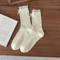 Sweet lace bow mid-calf socks for women, breathable mesh summer white cute hosiery. - One Size / Light Yellow