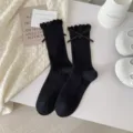 Schwarze Socken mit Rüschen und Schleife, süße Baumwollstrümpfe für Damen, modische Freizeitkleidung. - Schwarz