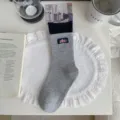Damen Gekämmte Baumwolle Mittlere Röhre Socken Grau Nette Nice Stickerei Herbst Winter - Einheitsgröße / Gerollter Rand Stoffetikett