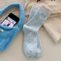 Hellblaue Wollmischung Winter warme Damensocken mit kontrastierendem Rippbündchen Stickerei. - Einheitsgröße / Blau Verlauf