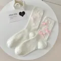 Witte dames halverwege kuiten sokken met schattige roze strikken, basic gebreide kousen. - Wit + Roze Strik