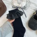 Damen Herbst Winter marineblaue gerippte Wadenstrümpfe mit karierter Rüsche süßer Stil - Einheitsgröße / Marineblau