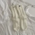 Korean style heart embroidered women mid tube socks white cotton casual daily wear variant - Cream White