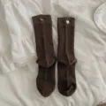 Korean style brown ribbed mid-tube socks with cute heart and letter embroidery for women. - Dark Coffee