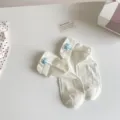 Chaussettes courtes bateau nœud style japonais fines été respirantes coton brodées mignonnes - Taille unique / Blanc avec Nœud Bleu